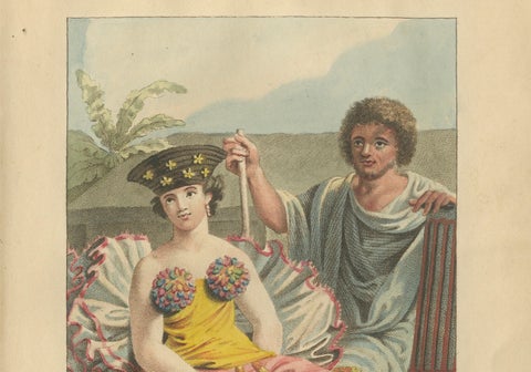 Otaheite Tahiti Couple in Native Dress, Hand-Colored Ethnographic Print, 1807, close-up 3
