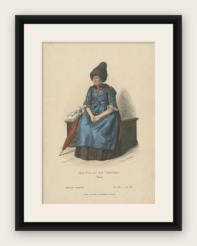 Antique Costume Print of a Woman from Vinschgau 'Tyrol' c.1880, shown framed