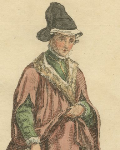 Habit of a Swedish Lady of Quality in 1577, Jefferys Costume Plate, 1757, close-up 1
