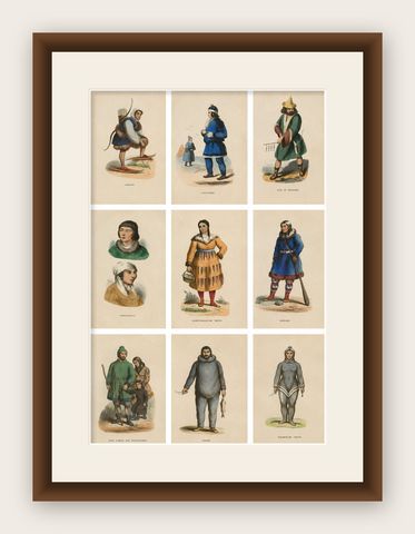Antique Arctic Peoples & Northern Tribes Costume Prints, Set of 9, c.1852, shown framed