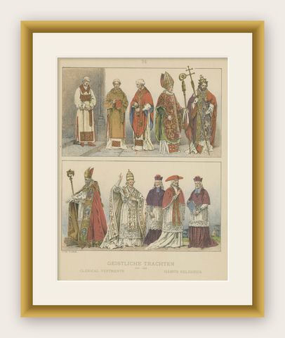Renaissance and Baroque Clergy Dress, Antique Lithograph, ca.1880, shown framed