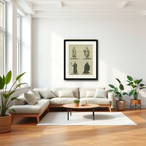 Knights Templar and Clergy: Hand-Colored Engraving of Historical Attire (1805), shown framed in a room