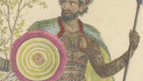 Tribal Tattoos & Warrior Costume, Brodtmann Hand-Colored Lithograph, 1816, close-up 6