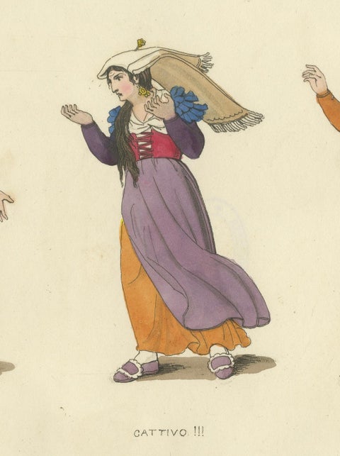 Italian Costume Print: Expressive Gestures of Women, Hand-Colored, 1820s, close-up 5
