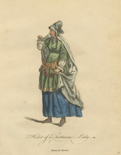 Tartar Princess Costume Study, Elegant Hand-Colored Engraving, 1749, close-up 1