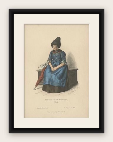 Antique Costume Print of a Woman from Vinschgau 'Tyrol' by Lipperheide, c.1880, shown framed