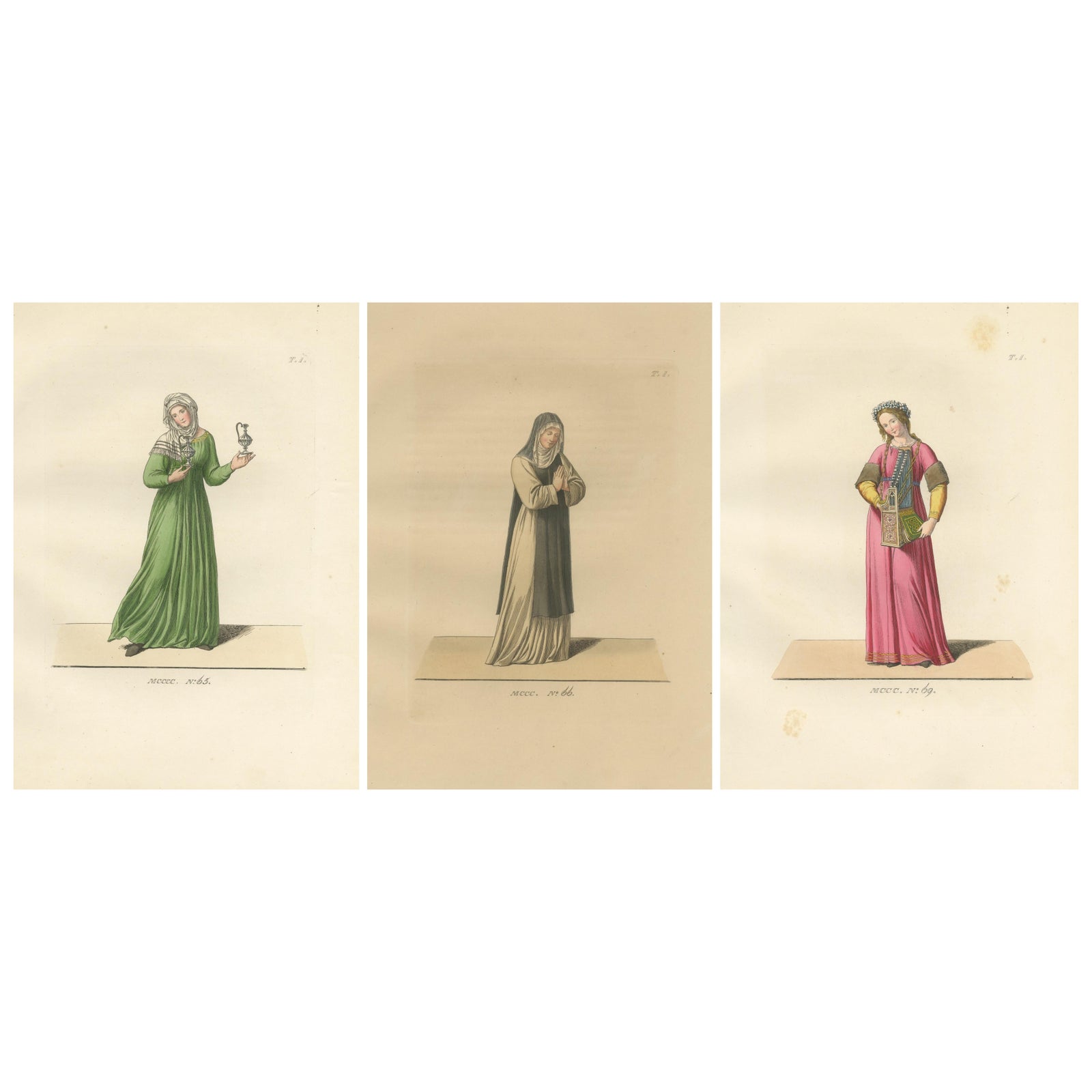 Servant, Dominican Nun and Young Lady in Traditional Italian Dress - 1845 Print