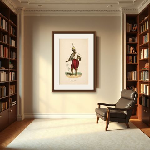 Antique Thai or Siamese Costume Print, Hand-Colored Engraving, 1854, shown framed in a room