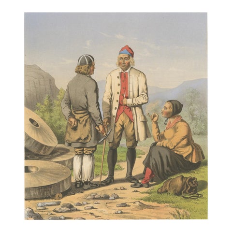 Selbu Regional Dress, Norwegian Folk Attire with Stone Quarry Scene, c.1860