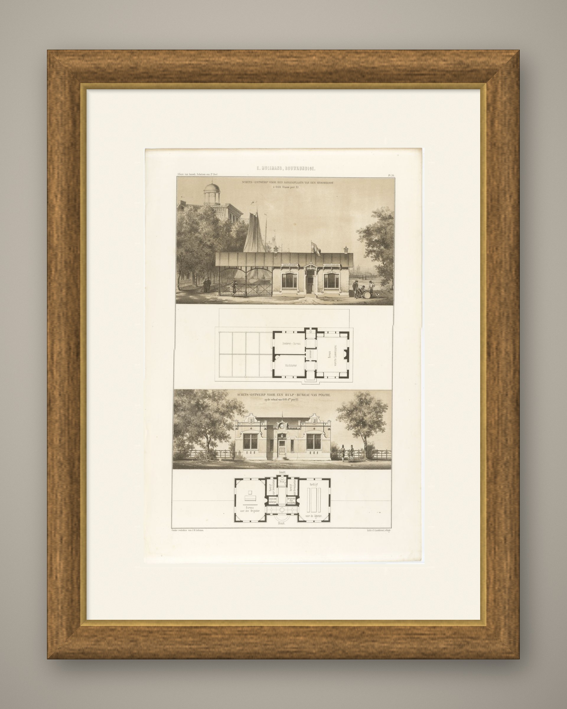 Steamboat Landing, Police Station, Dutch Architecture Print, Leliman, 1865-1866, shown framed
