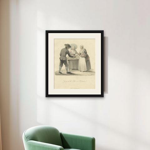 Old Costume Print Showing People at the Fair in Rotterdam, The Netherlands, 1817, shown framed on a wall