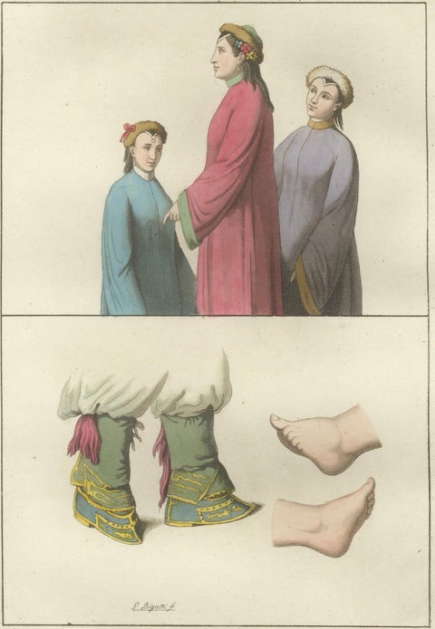 Antique Hand-Coloured Engraving of Chinese Costume & Footbinding, 1815, close-up 2
