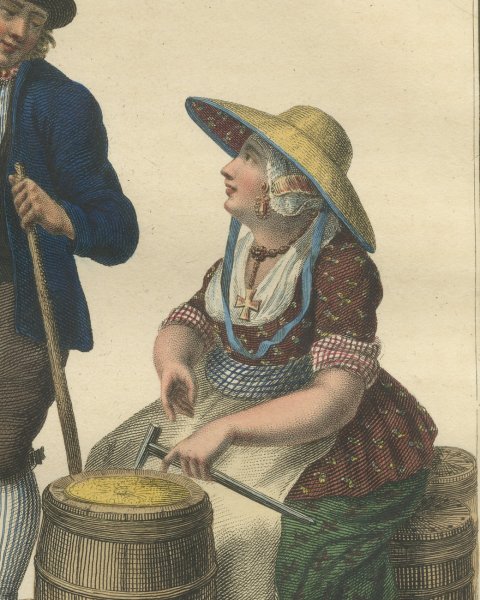 Delft Butter and Leiden Cheese, Dutch Costume Print, Maaskamp, circa 1820, close-up 2