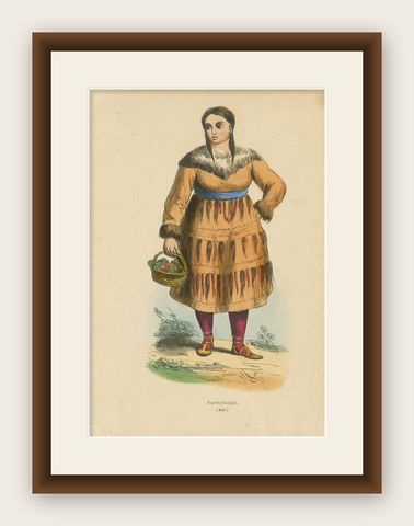 Antique Costume Print of a Kamchadal Woman by Wahlen '1843', shown framed
