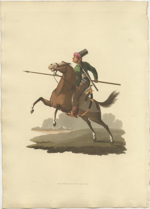 Antique Print of Turkish Cavalry Costume, Hand-Colored Aquatint, 1818, view 2