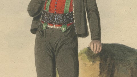 Upper Austria Folk Costume Pair, Antique Hand-Colored Lithographs, Vienna 1825, close-up 5