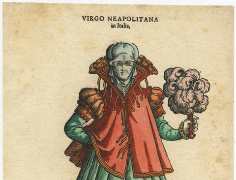Virgin Woman from Naples, Antique Hand-Colored Woodcut by Jost Amman, 1577, close-up 5