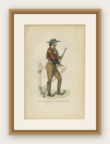 Spanish Bullfight Picador - Antique Costume Lithograph, c.1852, shown framed