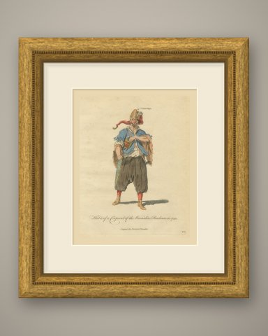 Corporal of the Warasdin Pandours in 1742, Hand Colored Jefferys Plate, 1757, shown framed