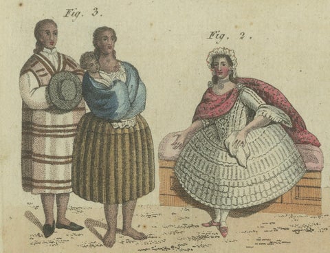 Elegant Costumes of 18th-Century Peru: Hand-Colored Engraving from Bertuch, 1805, close-up 4