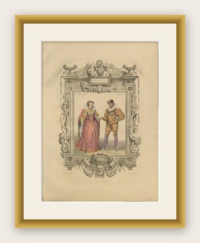 Henri III French Court Costume, Royal Couple Costume Lithograph, 1847, shown framed