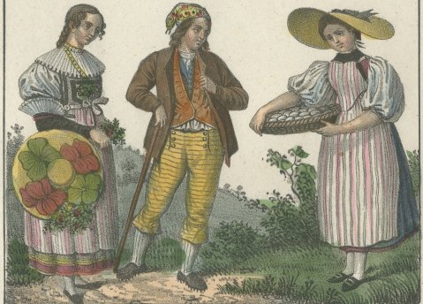 Swiss Costumes, Bernese Alps Hunter and Women of Vaud, Lucerne, Fribourg, 1842, close-up 2