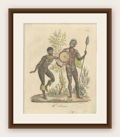 Tribal Tattoos & Warrior Costume, Brodtmann Hand-Colored Lithograph, 1816, shown framed