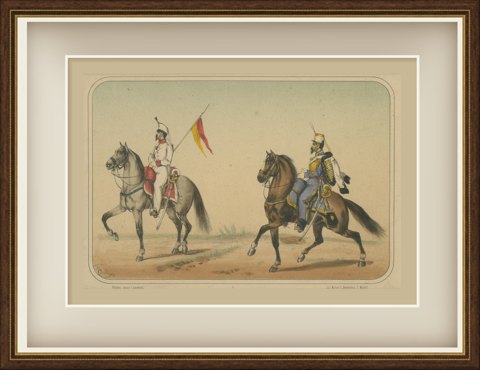 Spanish Cavalry Lancer and Hussar, Lithograph by Villegas, Madrid, 1861, shown framed