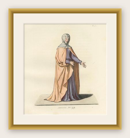 Medieval Costume Print 1845, Noblewoman in Peach and Lavender Robes, shown framed