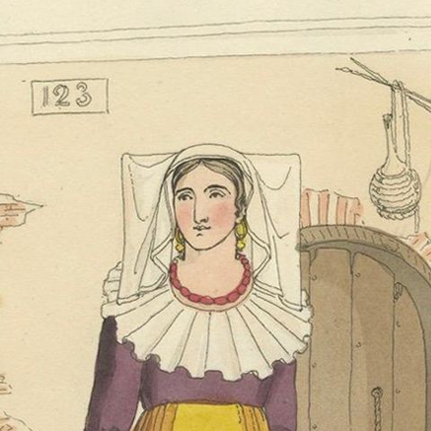 Italian Costume, Female of Vercelli, Hand-Coloured Print by R. Bridgens, 1835, close-up 6