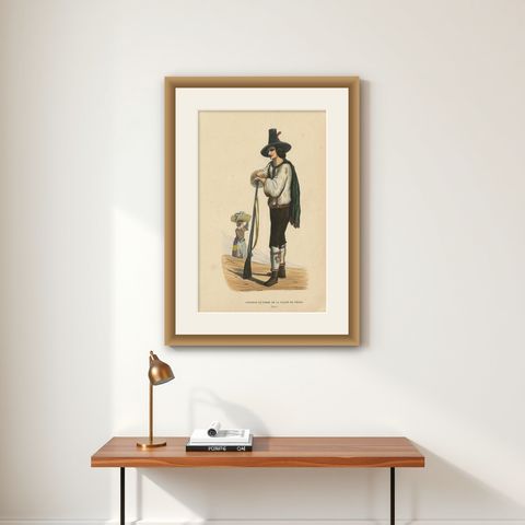 Antique Costume Print of Hunter in the Ziller Valley by Wahlen '1843', shown framed on a wall