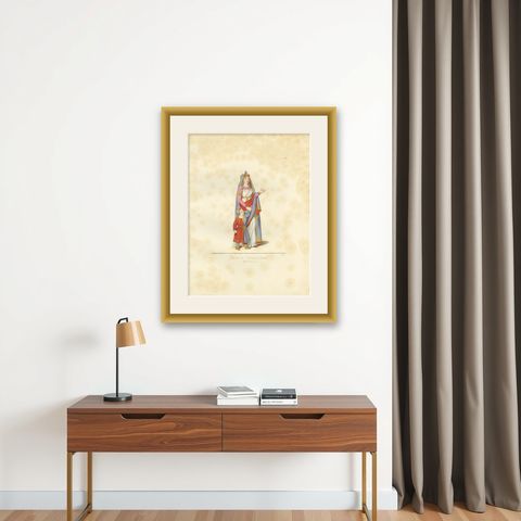 Antique Print of a Venetian Noblewoman by Bonnard, 1860, shown framed on a wall
