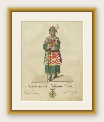 Herald of the Order of Saint Hubert: 1791 Colored Engraving in Ceremonial Dress, shown framed