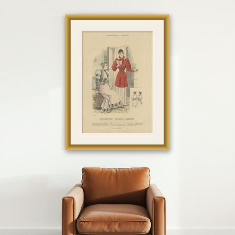Antique Fashion Print Depicting Two Ladies, by Dürr, 1892, shown framed on a wall