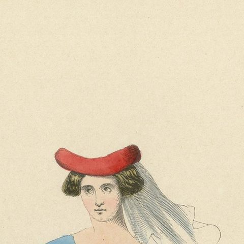 Noble Damsel of the Middle Ages in Traditional Blue Gown and Headdress, 1847, close-up 4