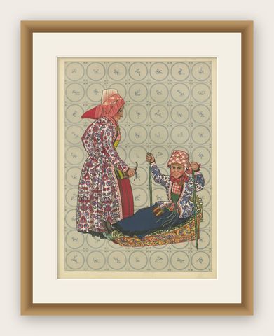 Girl on Hindeloopen Sleigh in Dutch Winter Dress, Hand-colored Lithograph - 1932, shown framed
