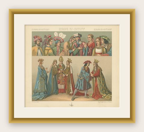 Pl 42 Antique Print of European 15th-16th Century Costumes by Racinet, shown framed