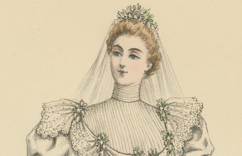 Victorian Bridal Elegance: Exquisite Wedding Gowns in Lithograph, 1889, close-up 2