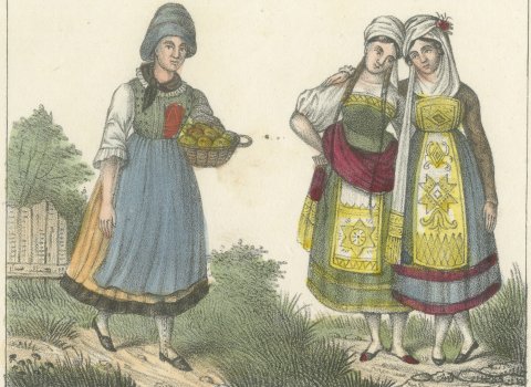 Tyrolean Woman of Pusterthal, Illyrian Women, Bridal Pair and Morlachs, 1842, close-up 1