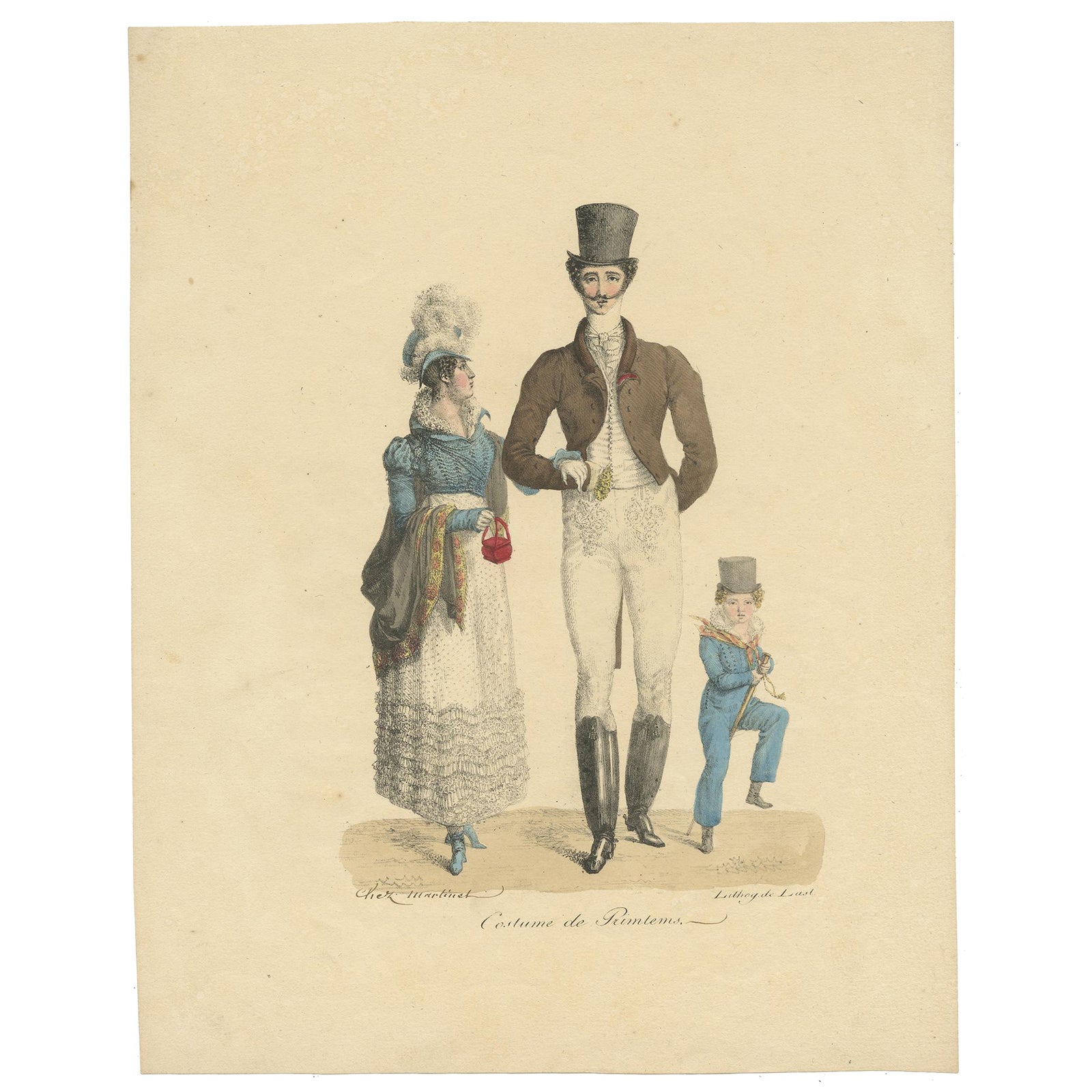 Costume de Printemps, Elegant Early 19th-Century French Fashion Engraving