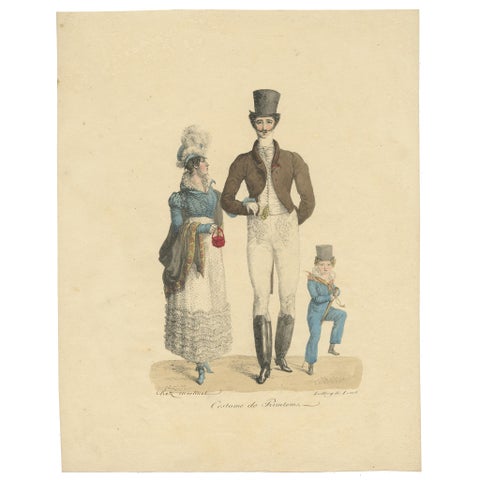 Costume de Printemps, Elegant Early 19th-Century French Fashion Engraving