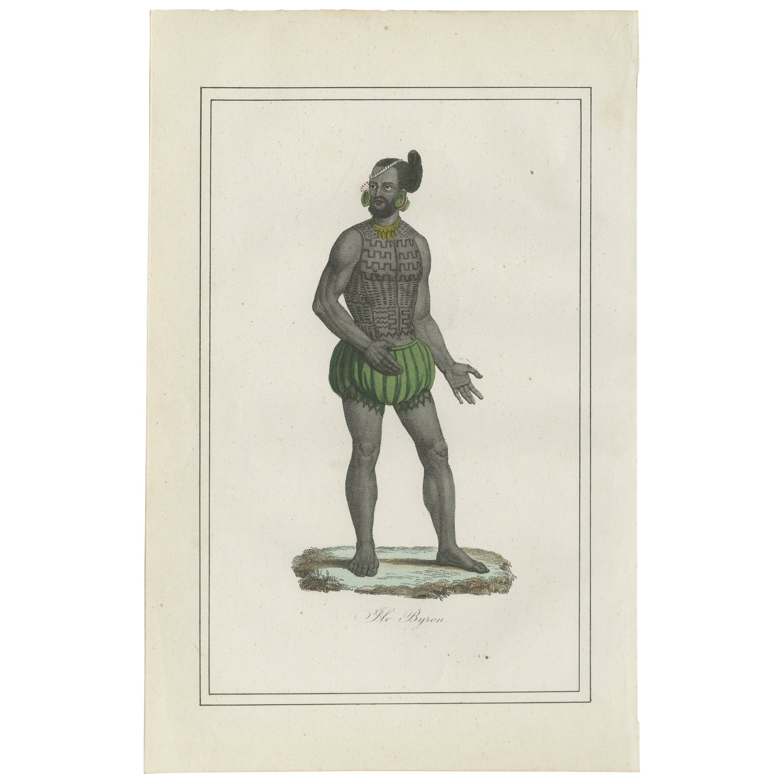 Antique Costume Print of Tattooed Man from Byron Island, 1854
