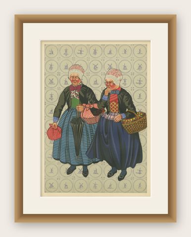 Colorful Doornspyk Market Women in Apenjak Coats, Dutch Costume Print, 1932, shown framed