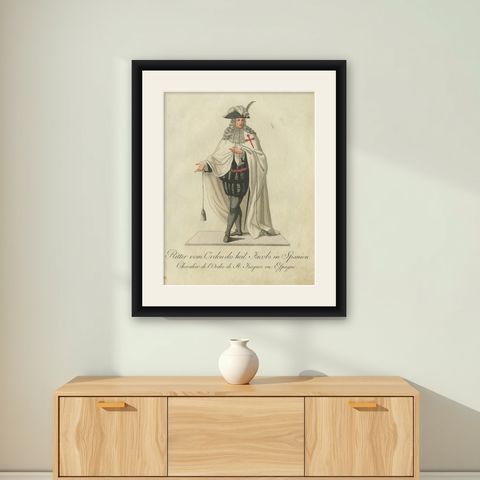 Knight of the Order of St. James in Spain - Historical Costume Engraving, 1791, shown framed on a wall
