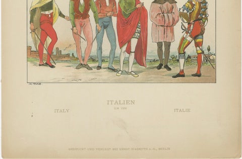 Italy circa 1500, Antique Hand-Colored Renaissance Costume Print, Published 1880, close-up 4
