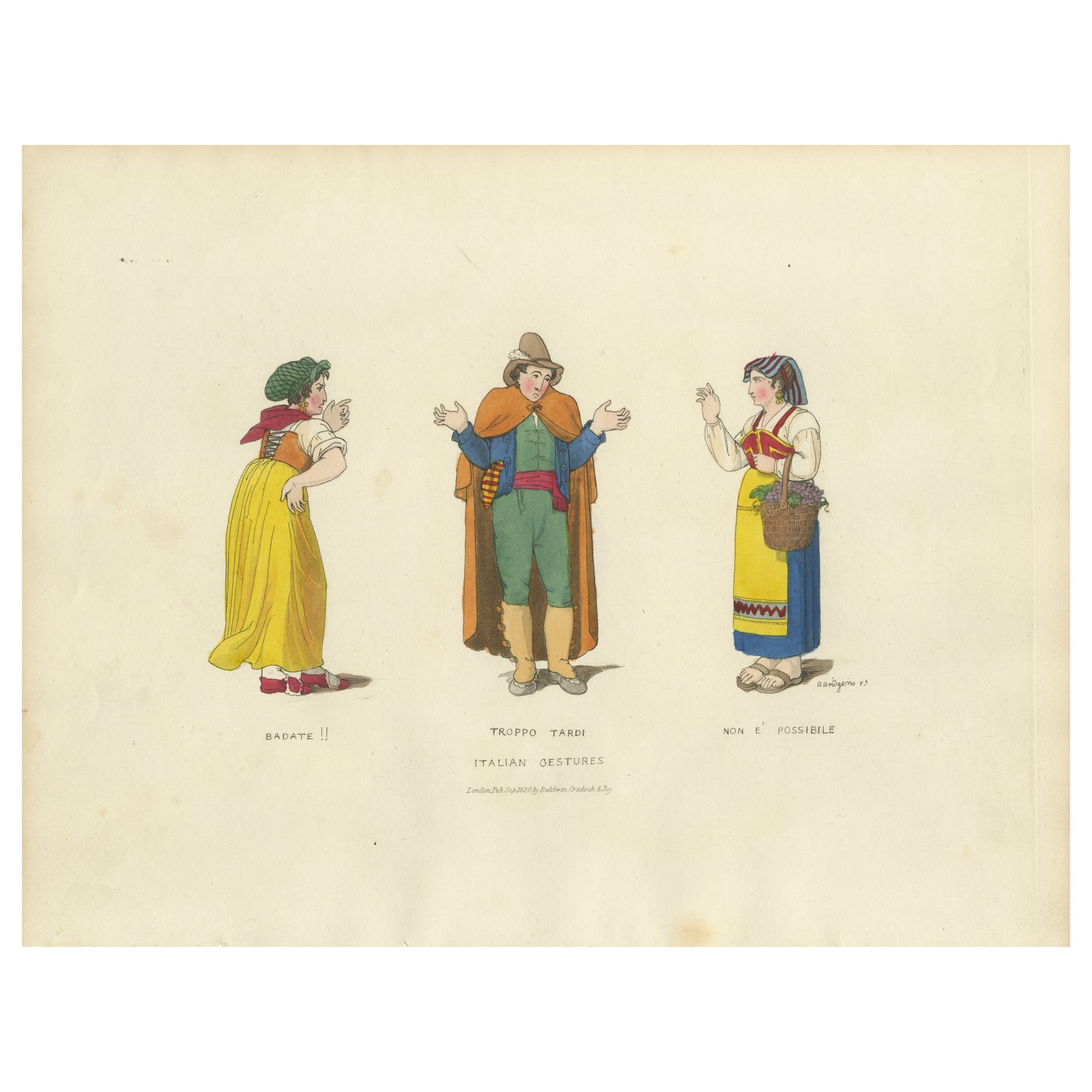 Costume Print: Italian Gestures with Traditional Dress, 1820s Engraving