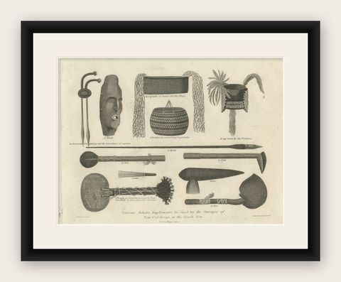 1801 Engraving of New Caledonian Implements and Attire, shown framed