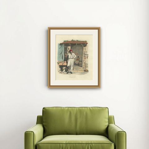 Costume Print: Roman Butcher at Work, 1820s Hand-Colored Engraving, shown framed on a wall