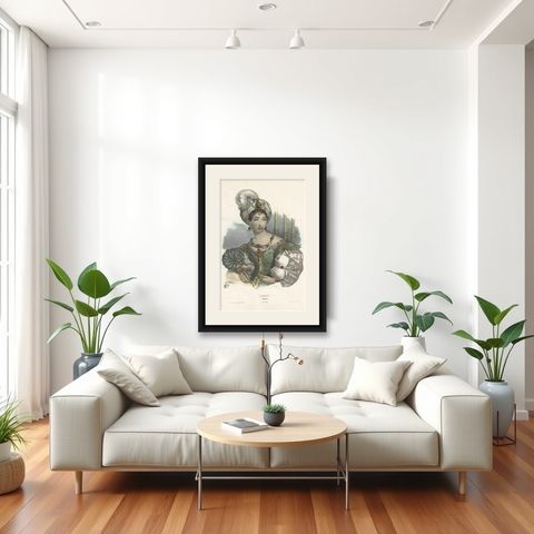 Antique Costume Print of Asia by Lemercier, circa 1840, shown framed in a room