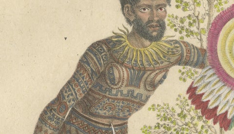 Tribal Tattoos & Warrior Costume, Brodtmann Hand-Colored Lithograph, 1816, close-up 3